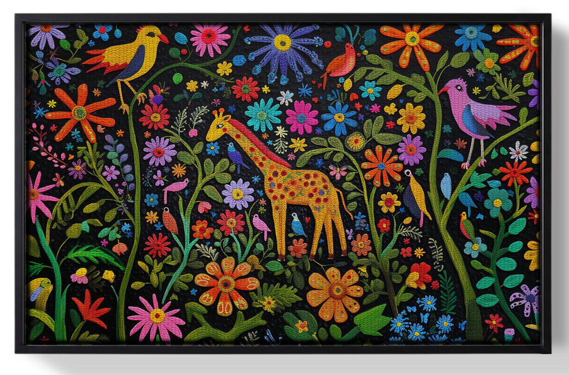 Framed Giraffe Floral Garden Black Caribbean wall art for home decor