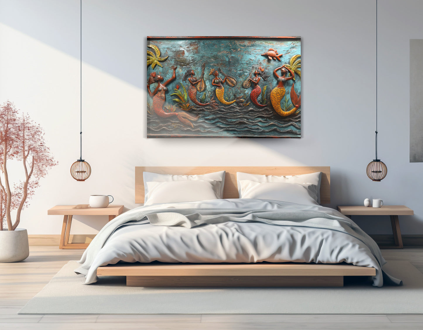 Black Mermaid Ocean Relief Caribbean wall art displayed as bedroom wall decor