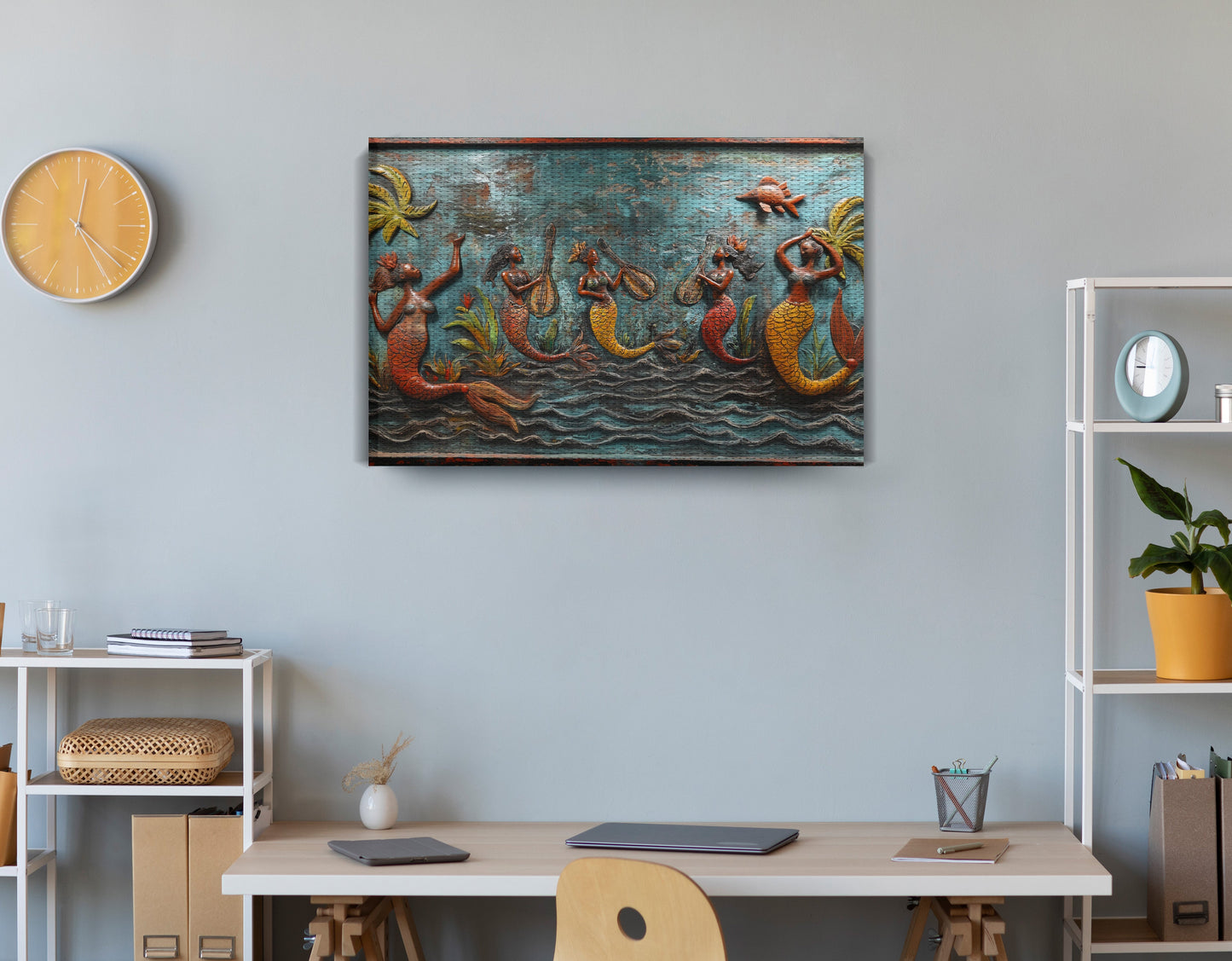 Black Mermaid Ocean Relief Caribbean wall art displayed as office wall decor