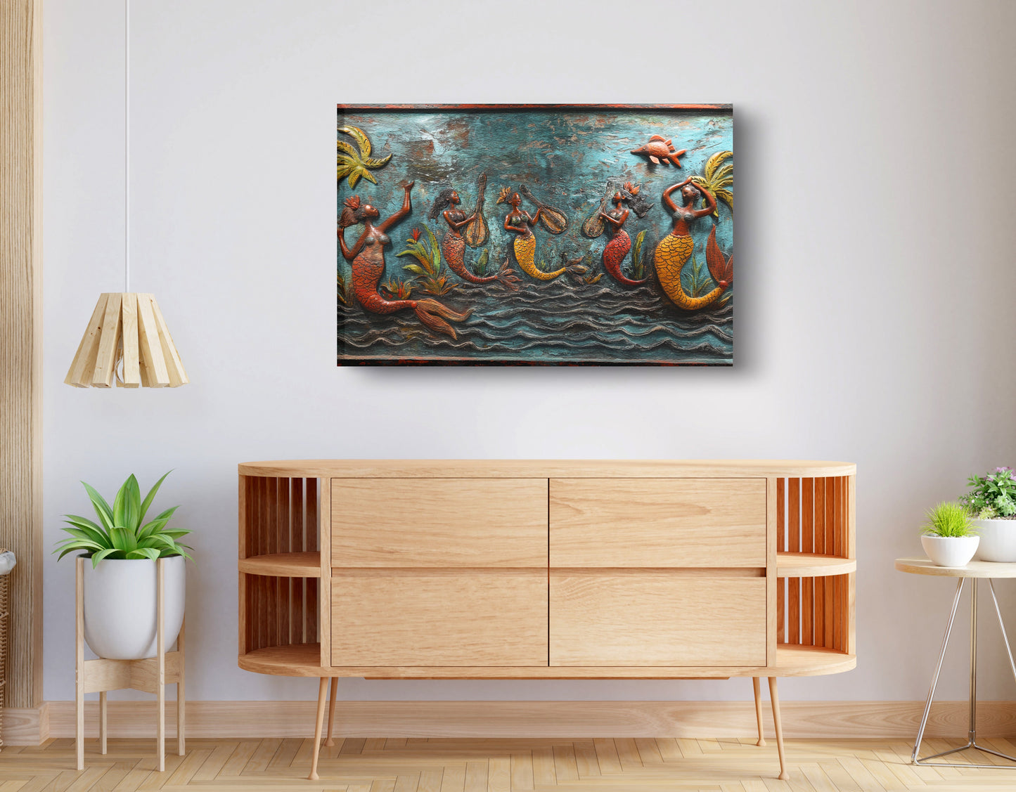 Black Mermaid Ocean Relief Caribbean wall art displayed as living room wall decor