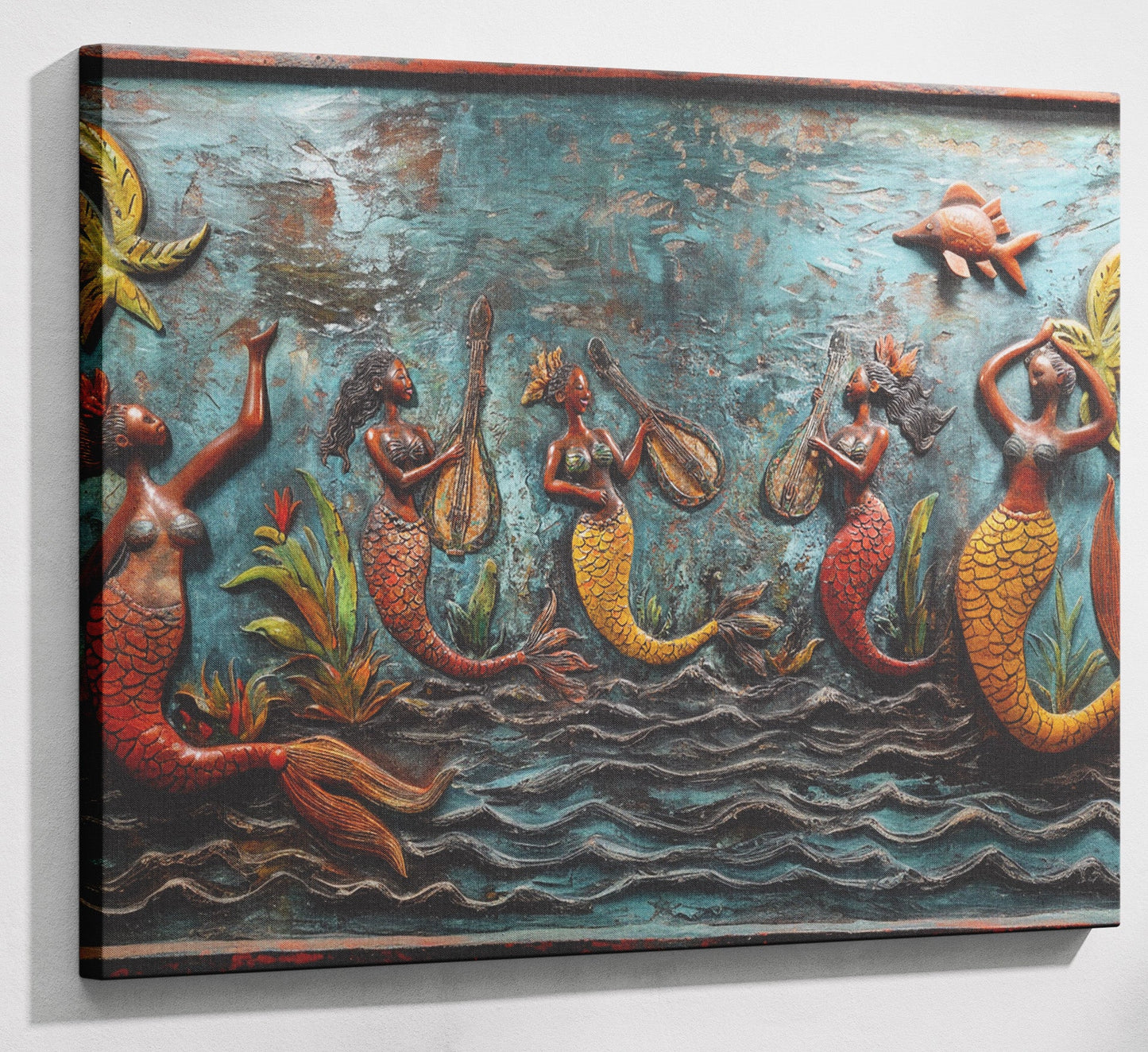 Black Mermaid Ocean Relief Caribbean wall art canvas print with visible wall art format