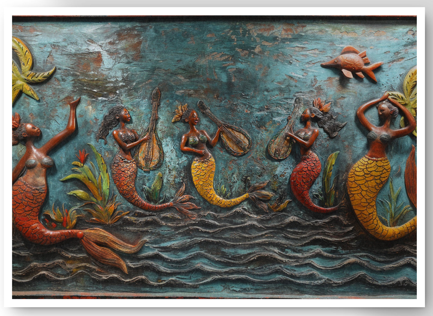 Black Mermaid Ocean Relief Caribbean wall art canvas print by MoomZee Artwork