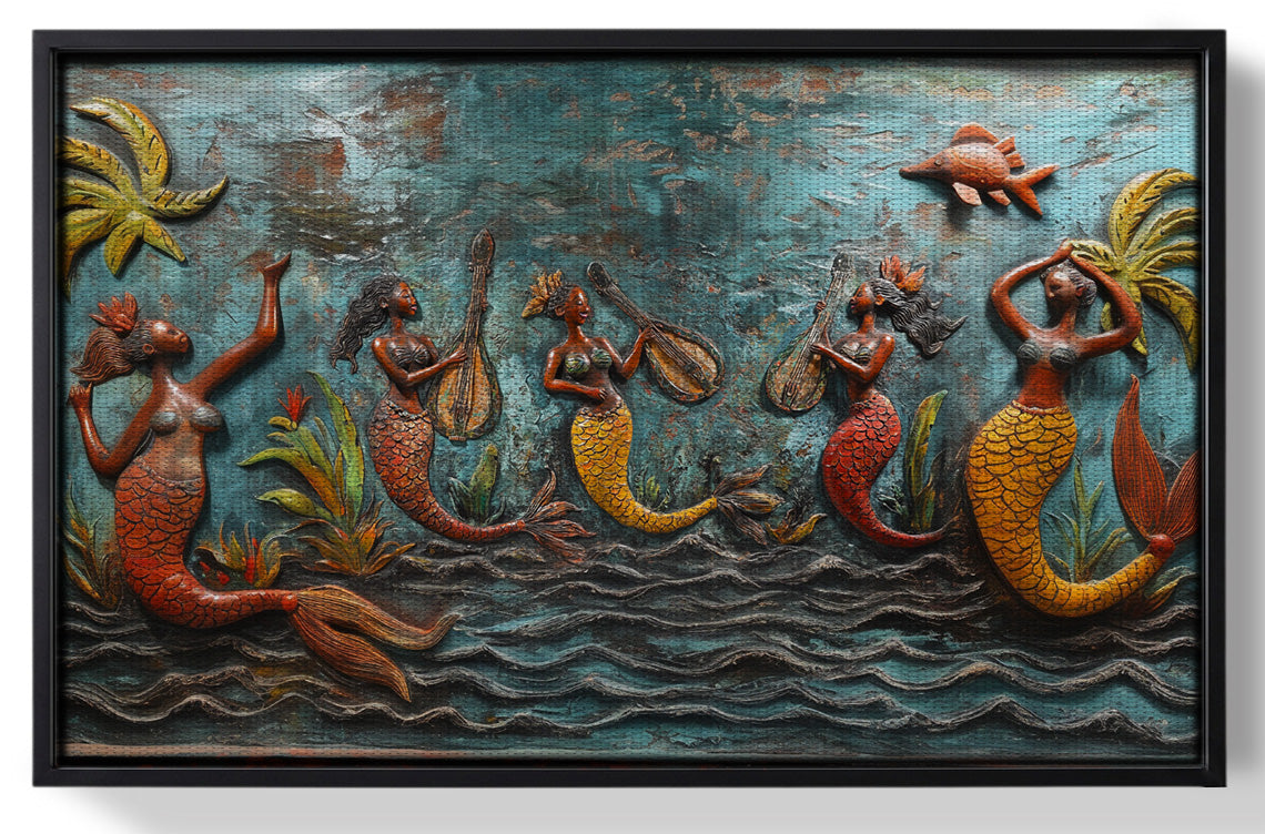 Framed Black Mermaid Ocean Relief Caribbean wall art for home decor