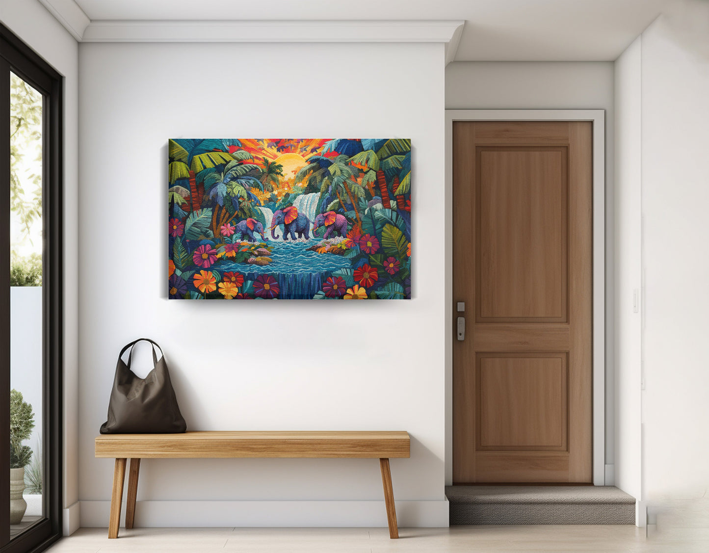 Elephant Waterfall Jungle Caribbean wall art displayed as entryway wall decor