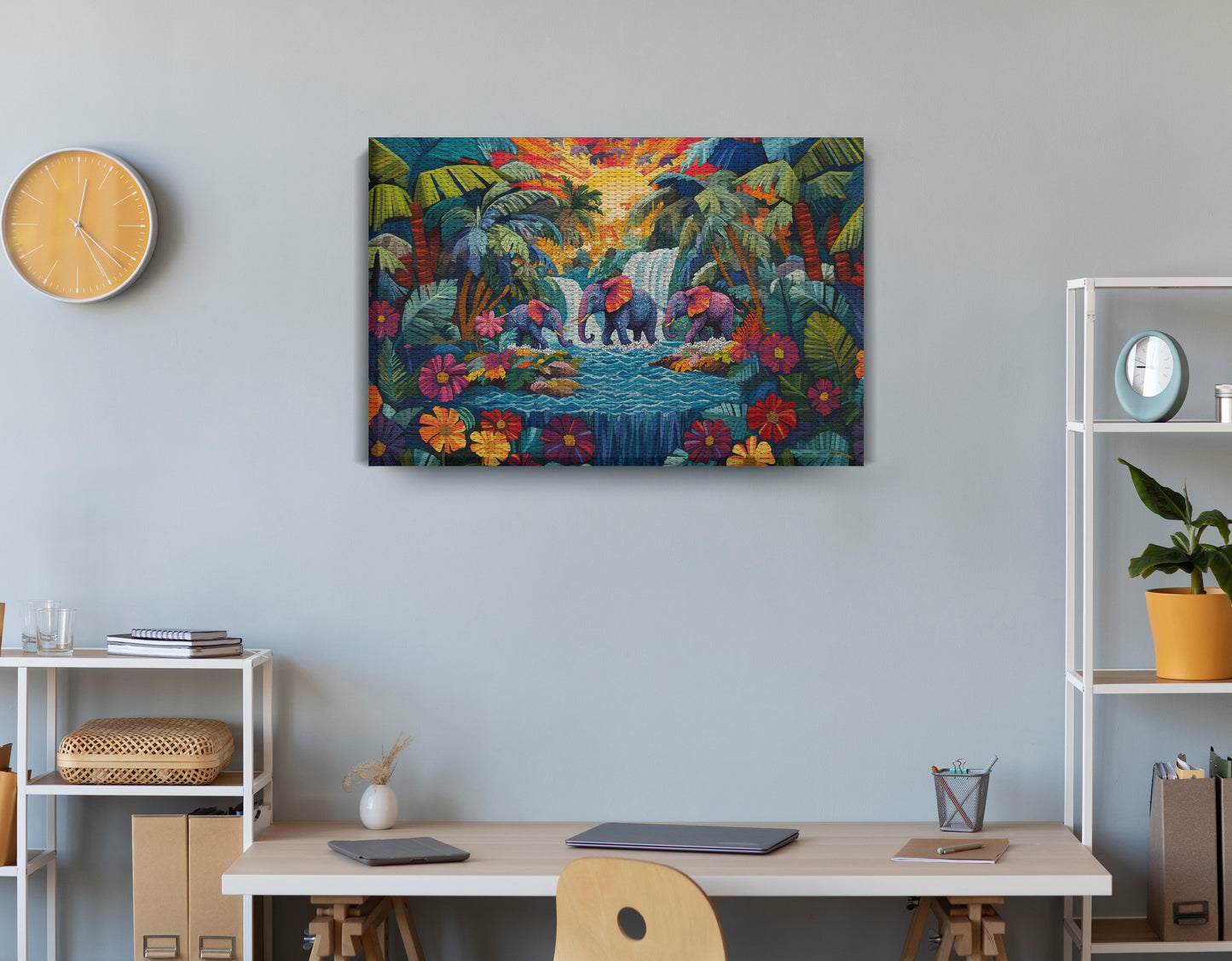 Elephant Waterfall Jungle Caribbean wall art displayed as office wall decor