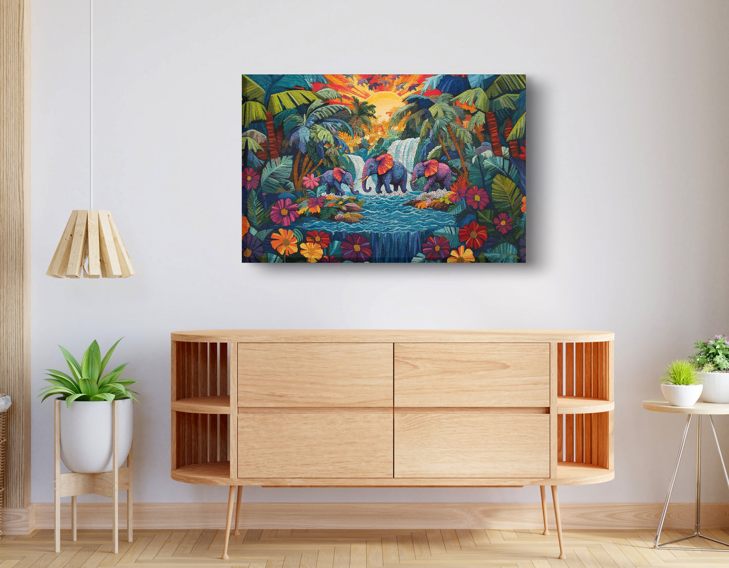 Elephant Waterfall Jungle Caribbean wall art displayed as living room wall decor