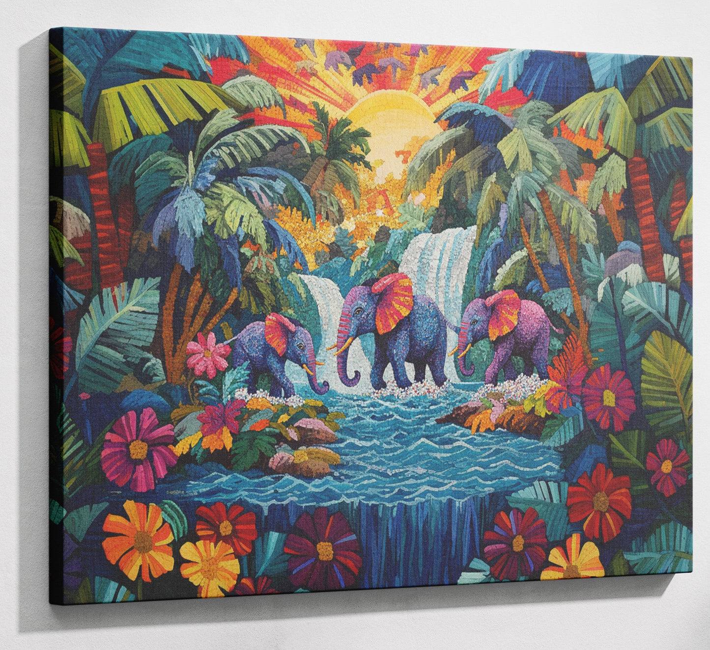 Elephant Waterfall Jungle Caribbean wall art canvas print with visible wall art format