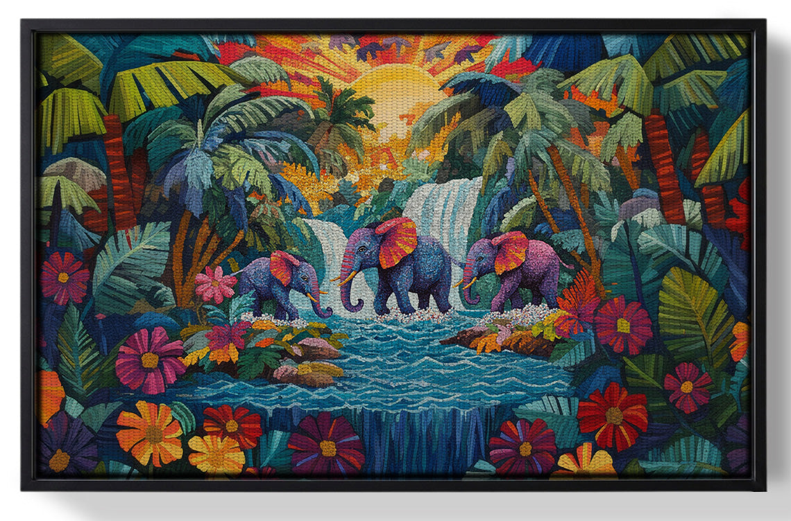 Framed Elephant Waterfall Jungle Caribbean wall art for home decor