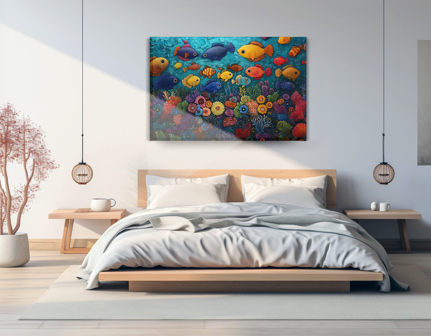 Tropical Fish Coral Black Caribbean wall art displayed as bedroom wall decor