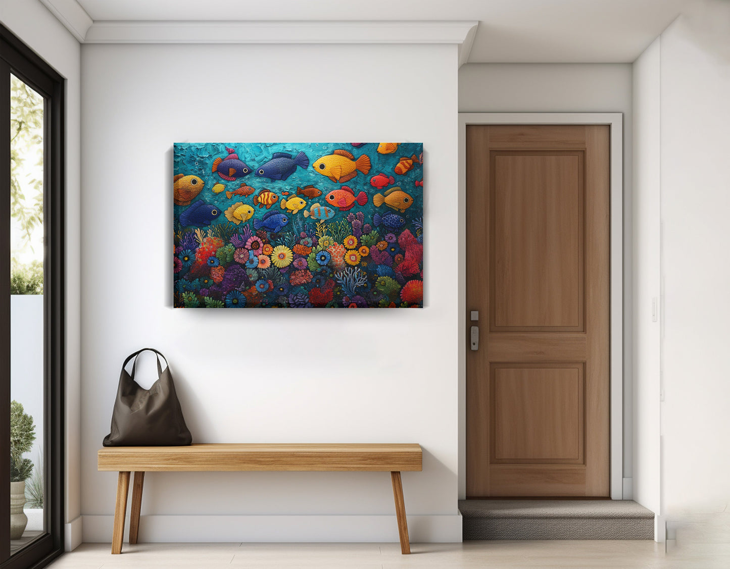 Tropical Fish Coral Black Caribbean wall art displayed as entryway wall decor