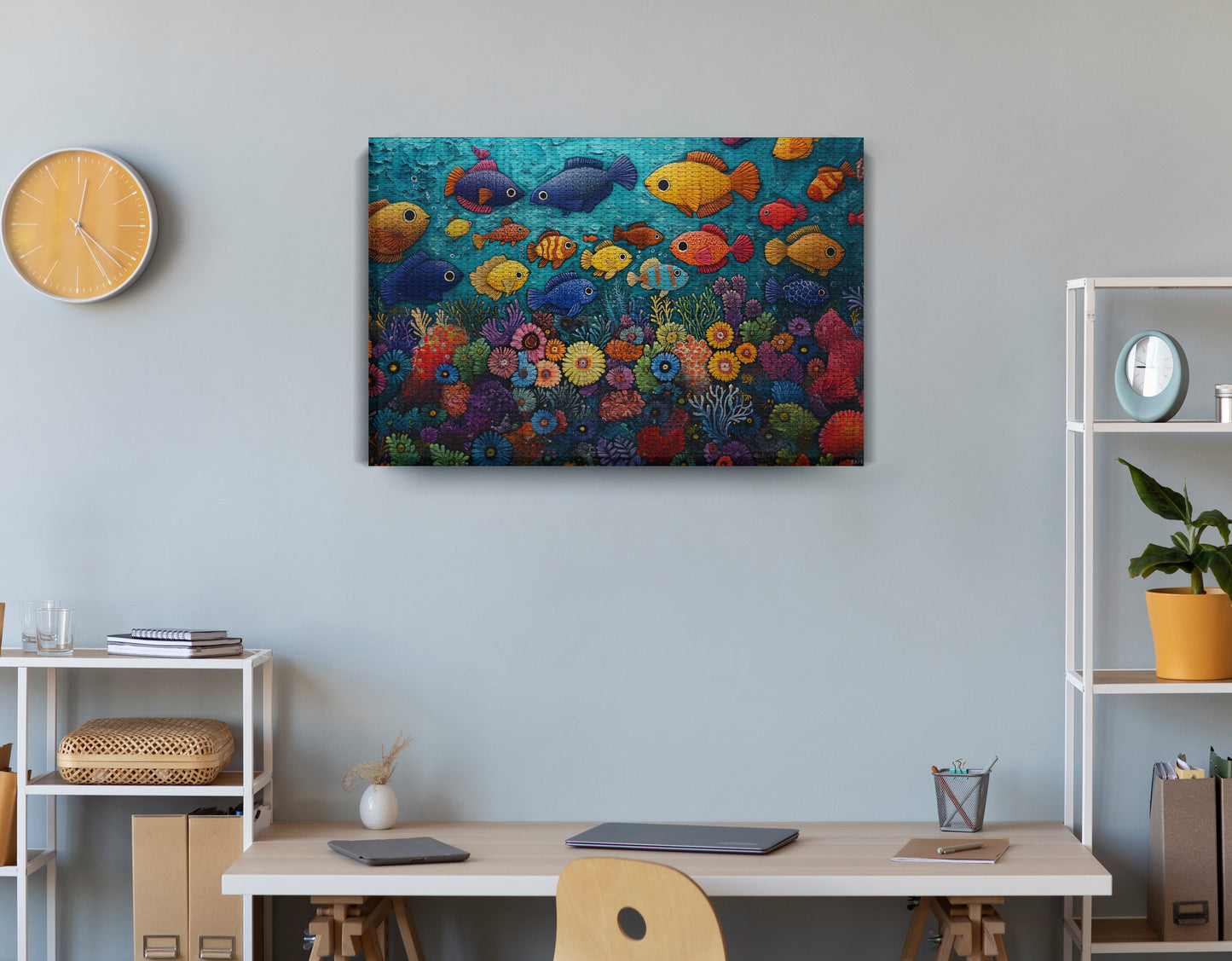 Tropical Fish Coral Black Caribbean wall art displayed as office wall decor