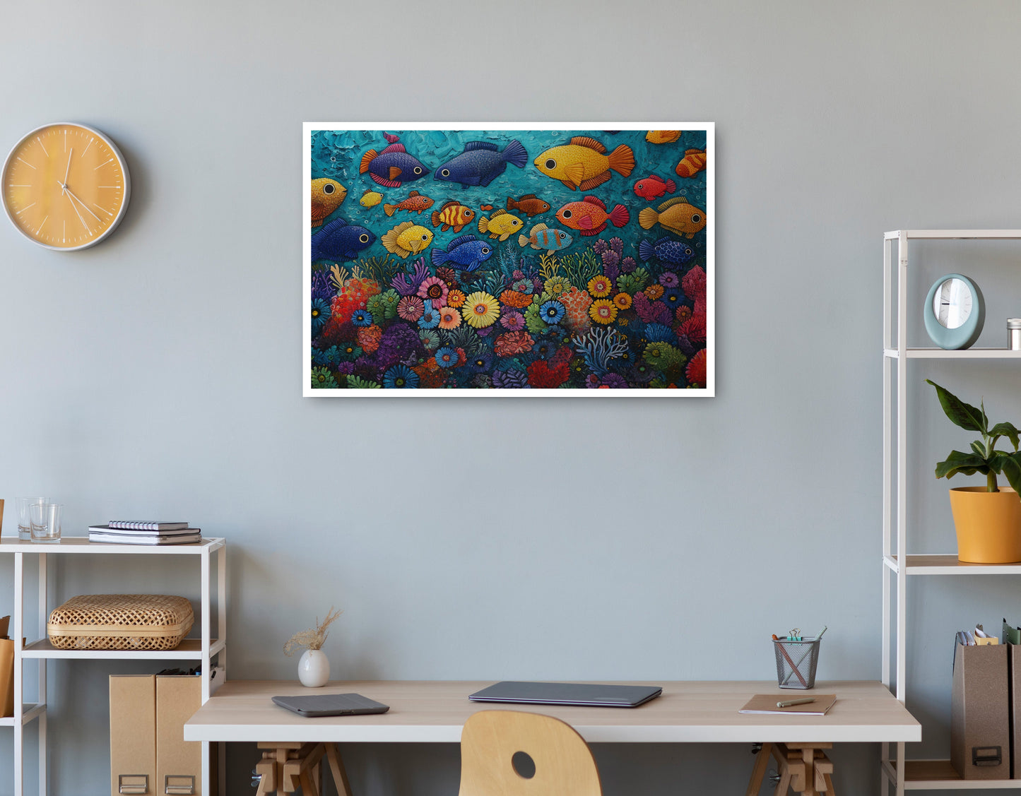Tropical Fish Coral Black Caribbean wall art print view