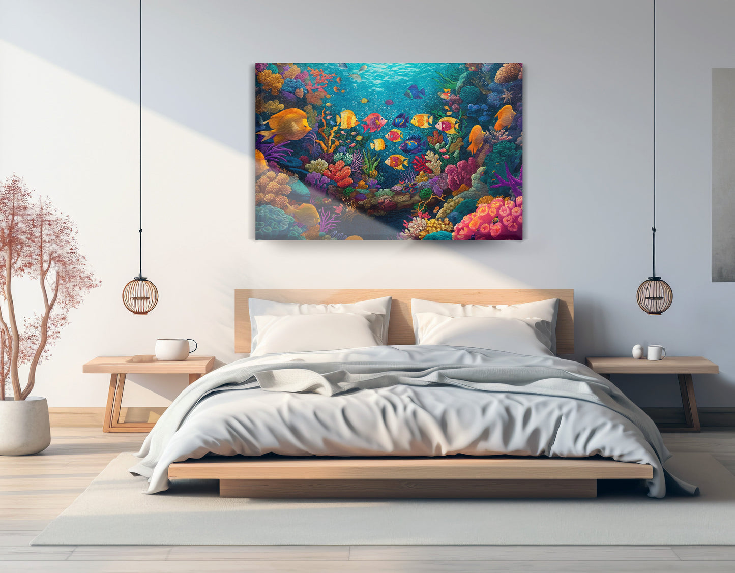 Colorful Tropical Fish Caribbean wall art displayed as bedroom wall decor