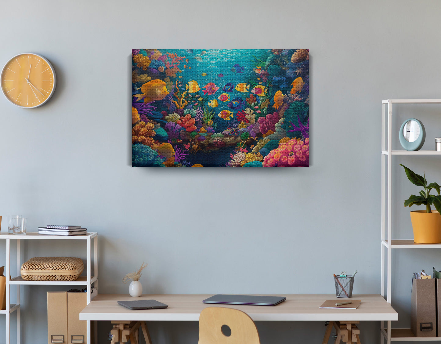 Colorful Tropical Fish Caribbean wall art displayed as office wall decor