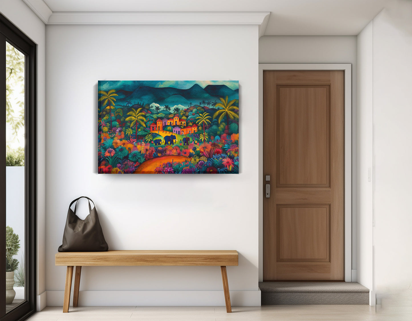 Haitian Village Landscape Caribbean wall art displayed as entryway wall decor