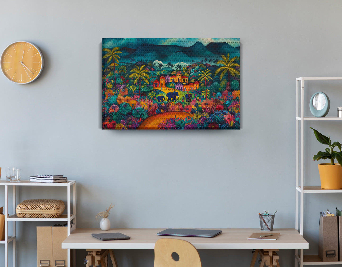 Haitian Village Landscape Caribbean wall art displayed as office wall decor