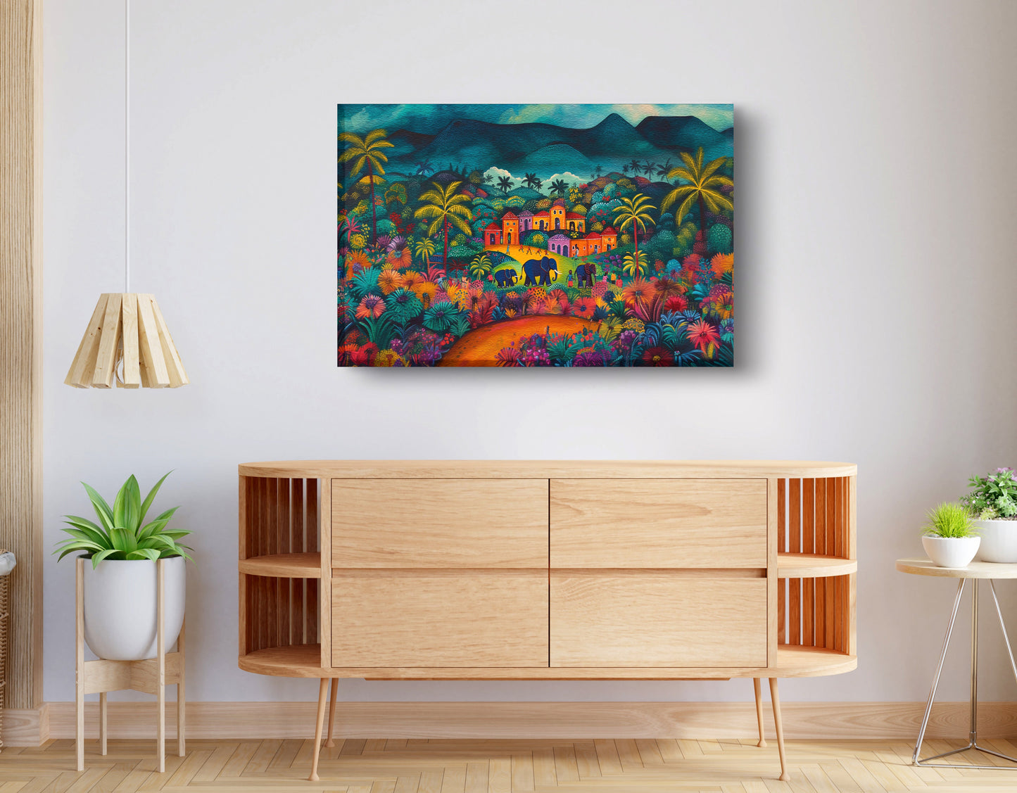Haitian Village Landscape Caribbean wall art displayed as living room wall decor