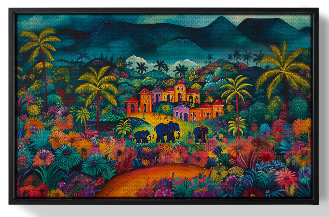 Framed Haitian Village Landscape Caribbean wall art for home decor