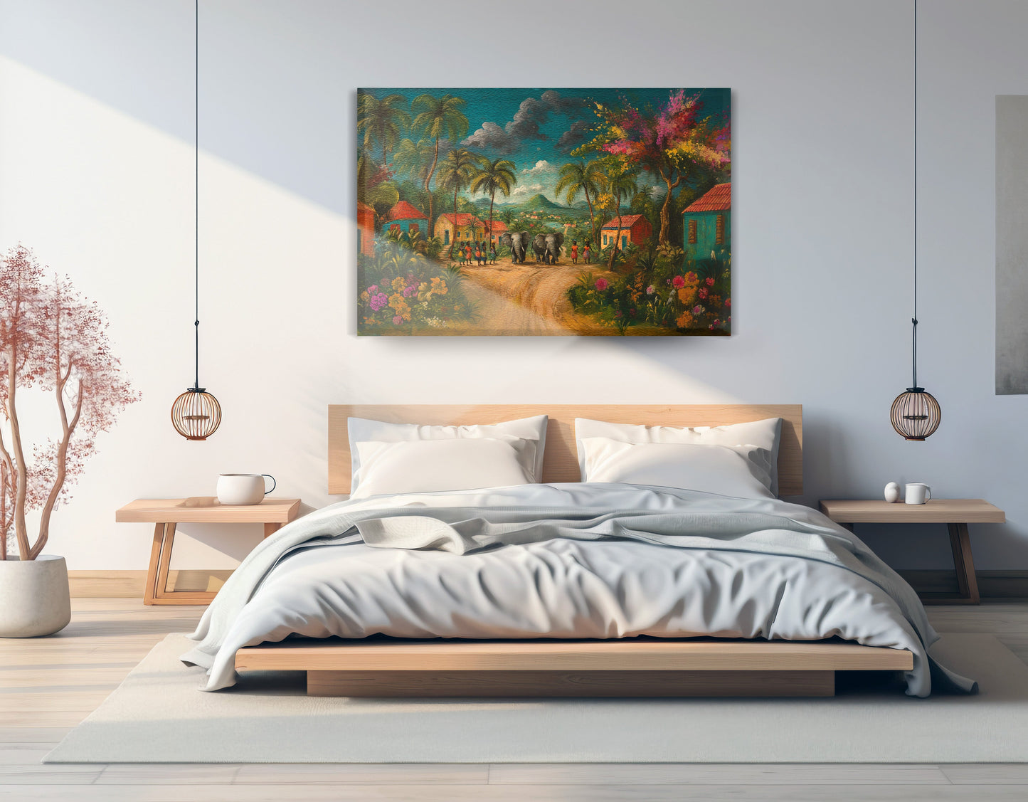 Tropical Village Road Black Caribbean wall art displayed as bedroom wall decor