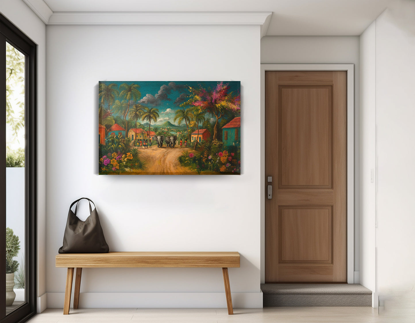 Tropical Village Road Black Caribbean wall art displayed as entryway wall decor