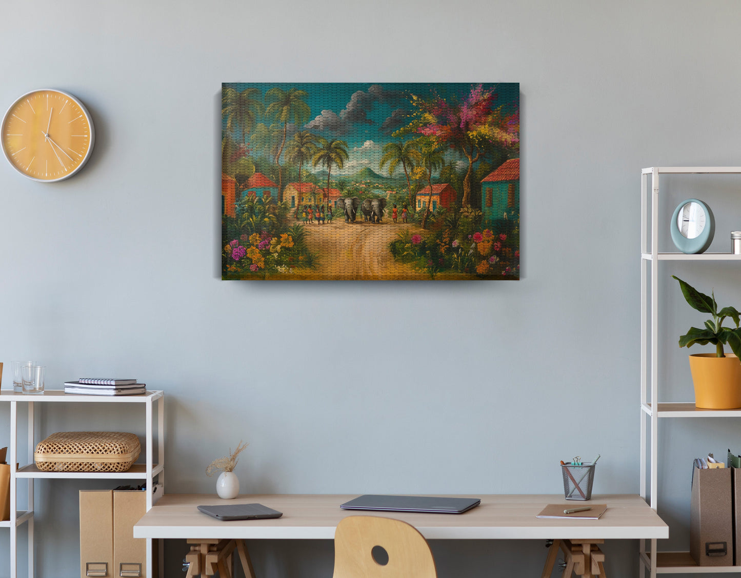 Tropical Village Road Black Caribbean wall art displayed as office wall decor