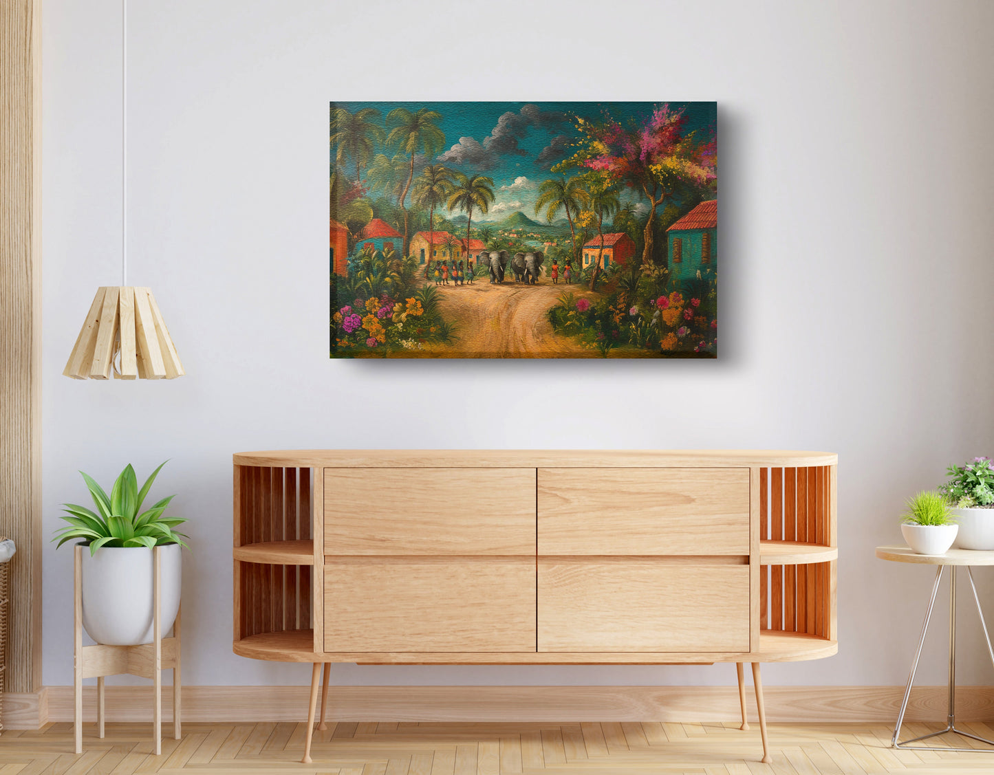 Tropical Village Road Black Caribbean wall art displayed as living room wall decor