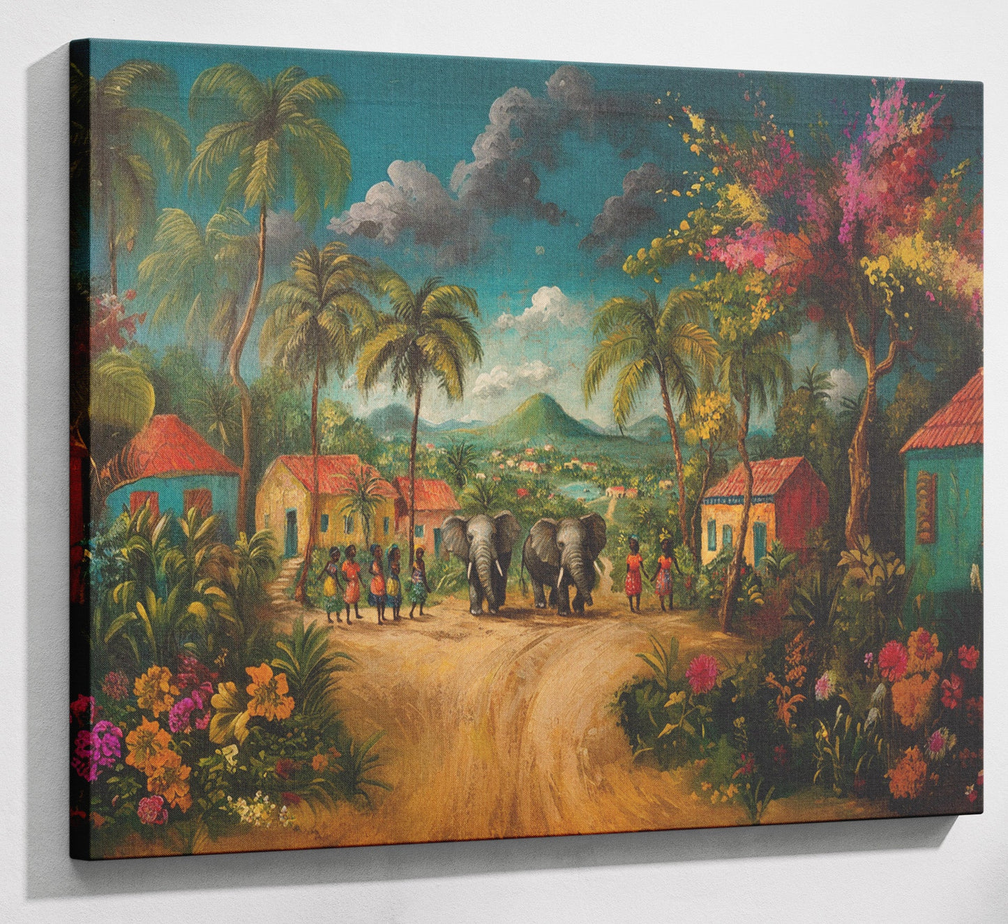 Tropical Village Road Black Caribbean wall art canvas print with visible wall art format