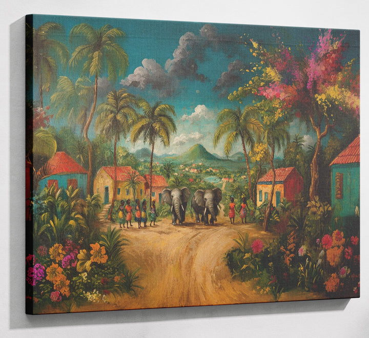 Tropical Village Road Black Caribbean wall art canvas print with visible wall art format