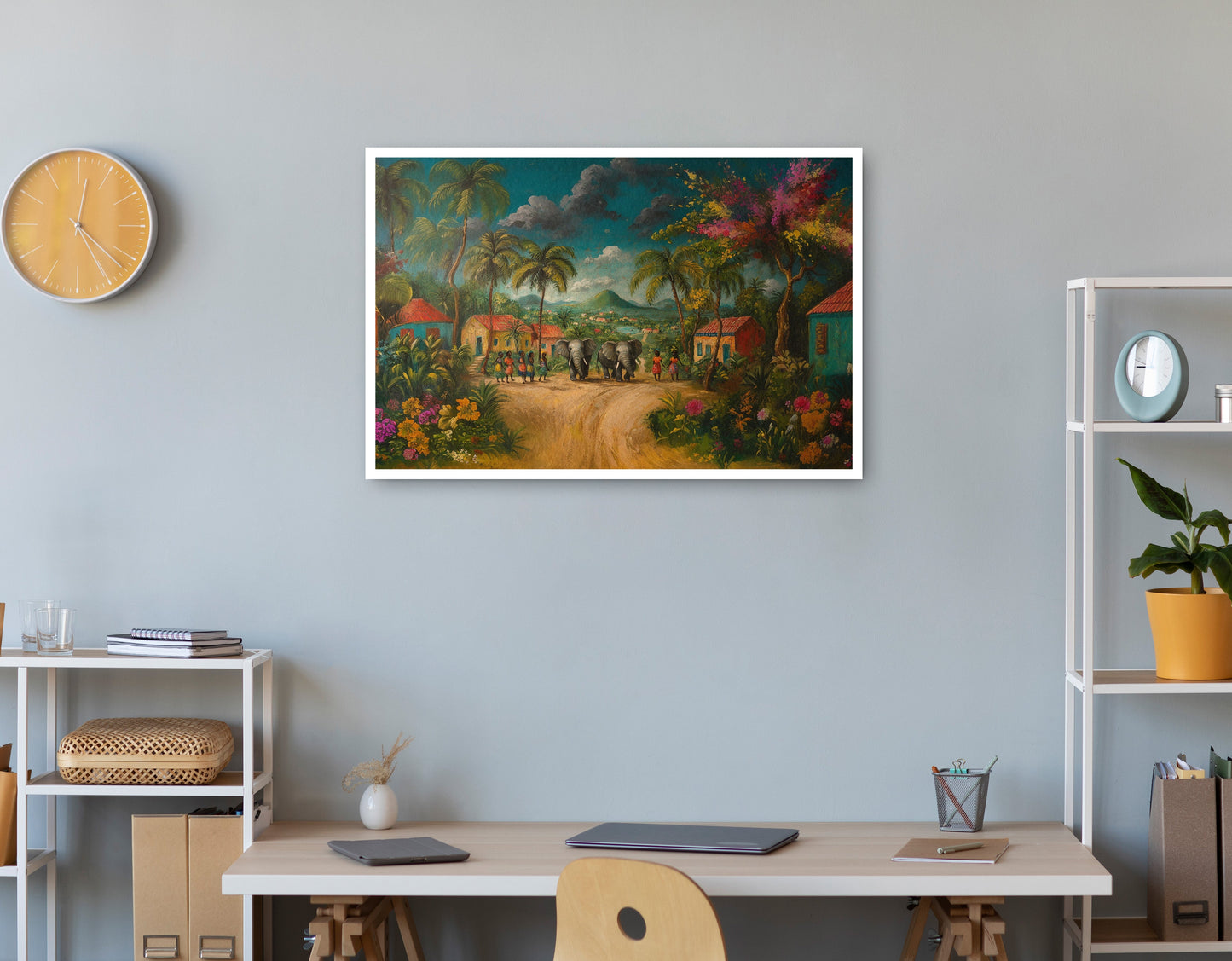 Tropical Village Road Black Caribbean wall art print view