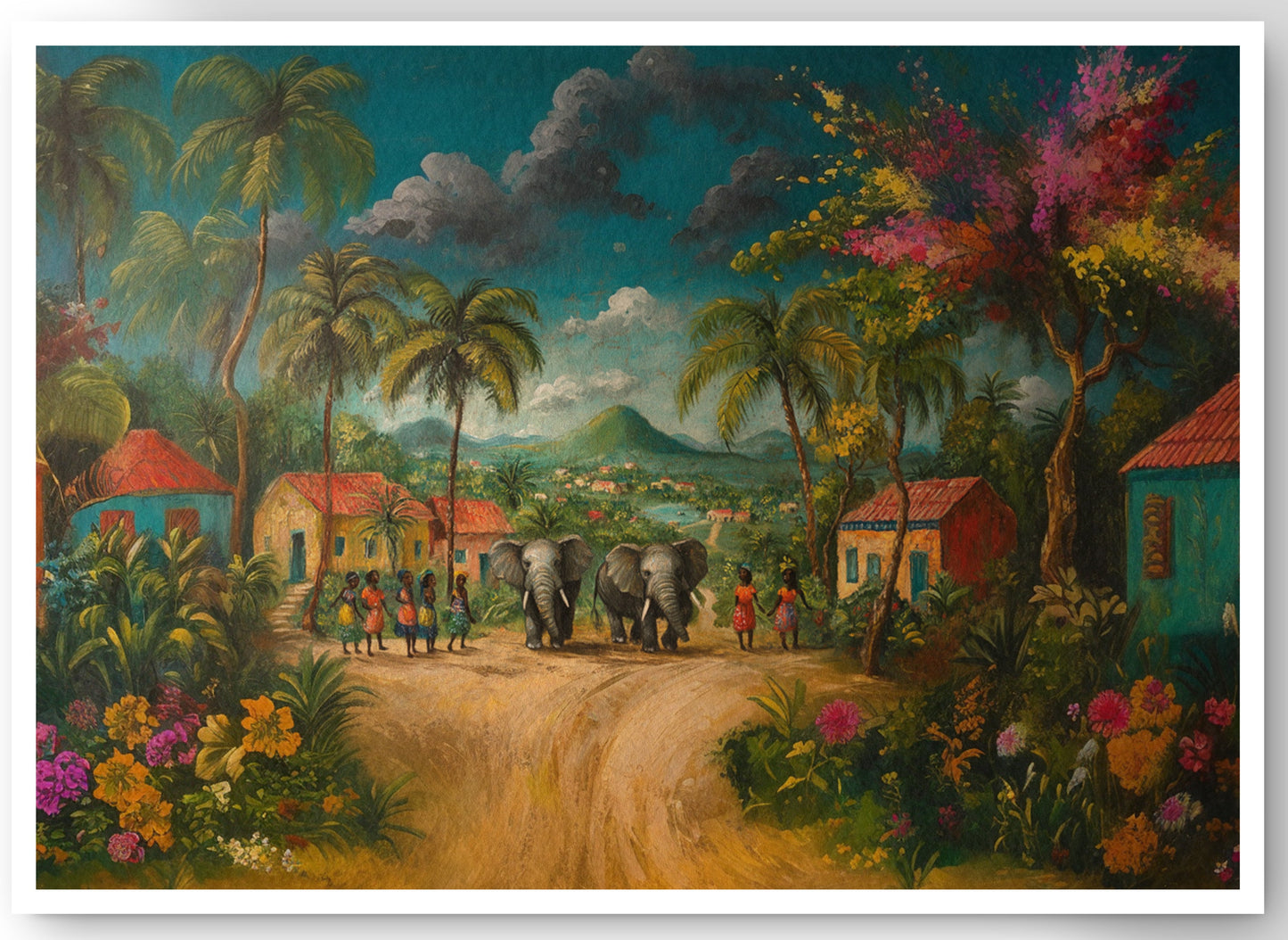 Tropical Village Road Black Caribbean wall art canvas print by MoomZee Artwork
