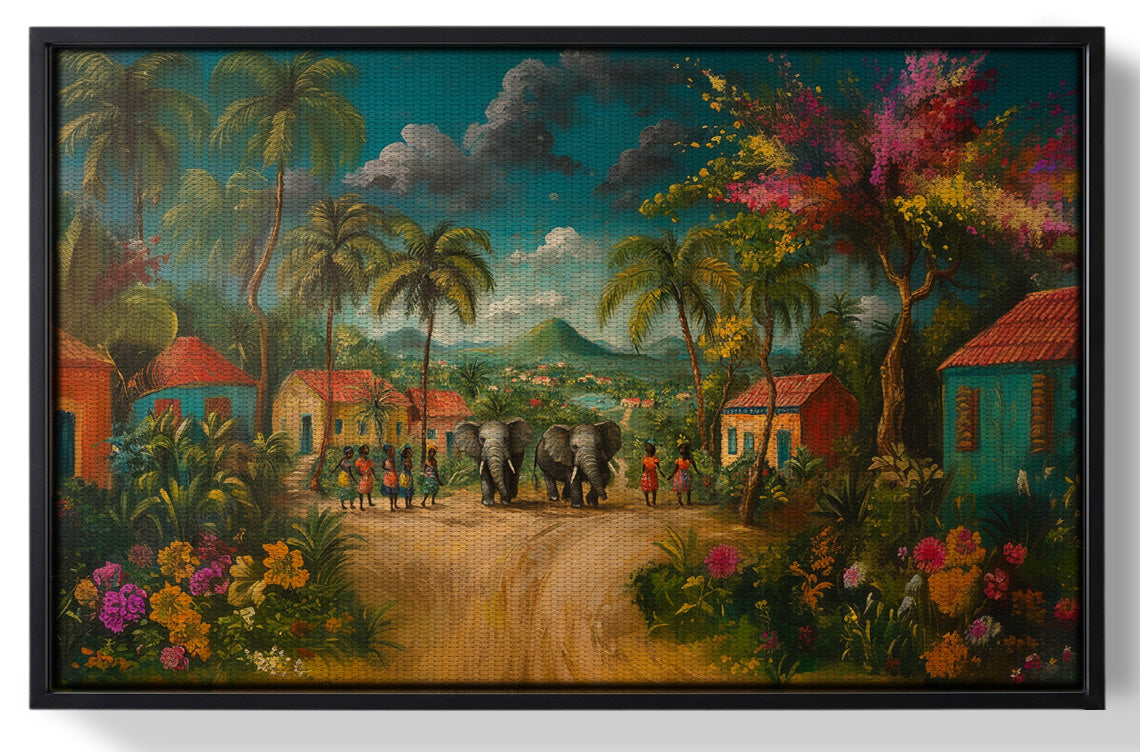 Framed Tropical Village Road Black Caribbean wall art for home decor