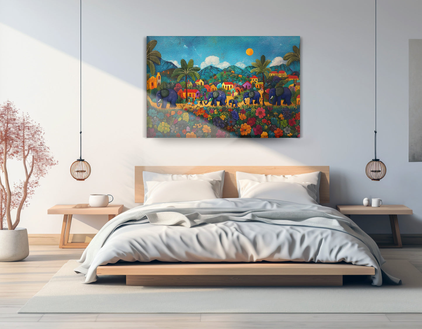 Tropical Village Elephant Caribbean wall art displayed as bedroom wall decor