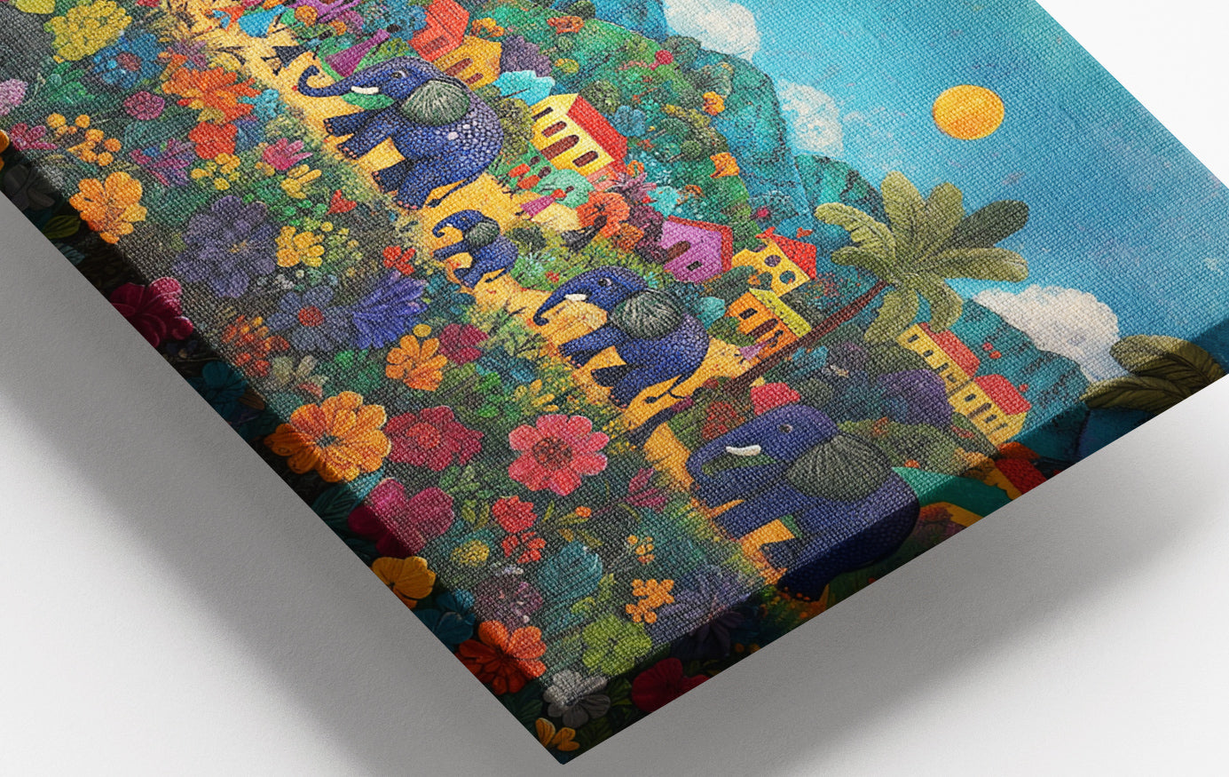 Close-up of Tropical Village Elephant Caribbean wall art detail