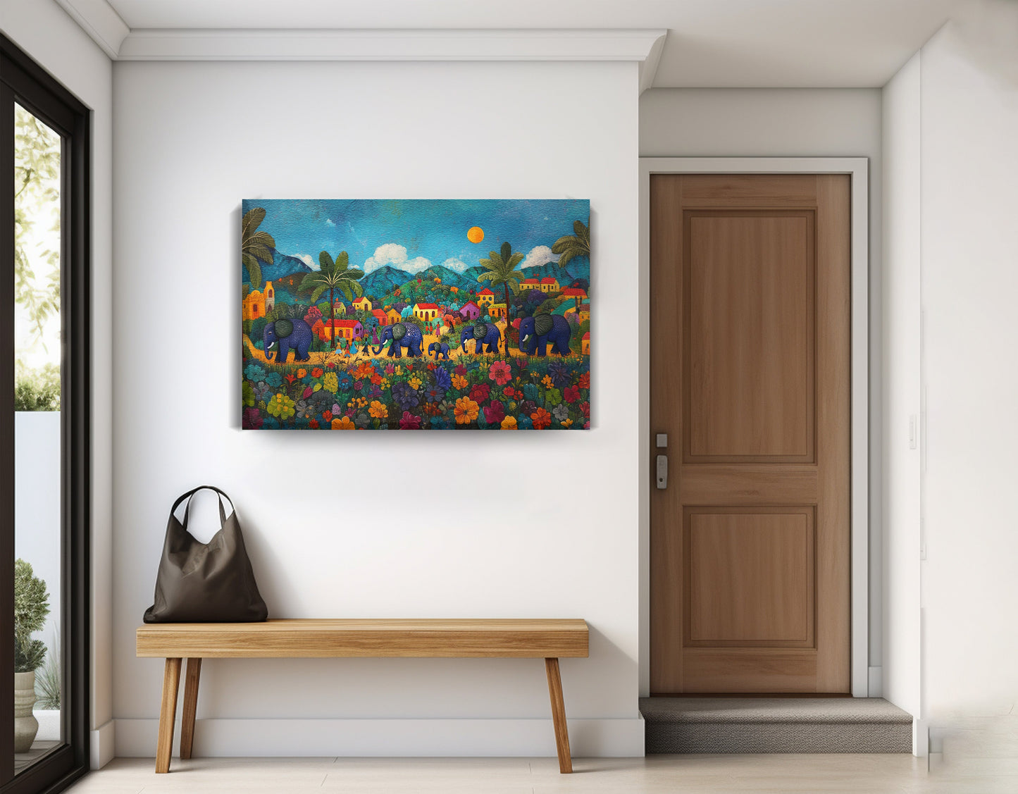 Tropical Village Elephant Caribbean wall art displayed as entryway wall decor