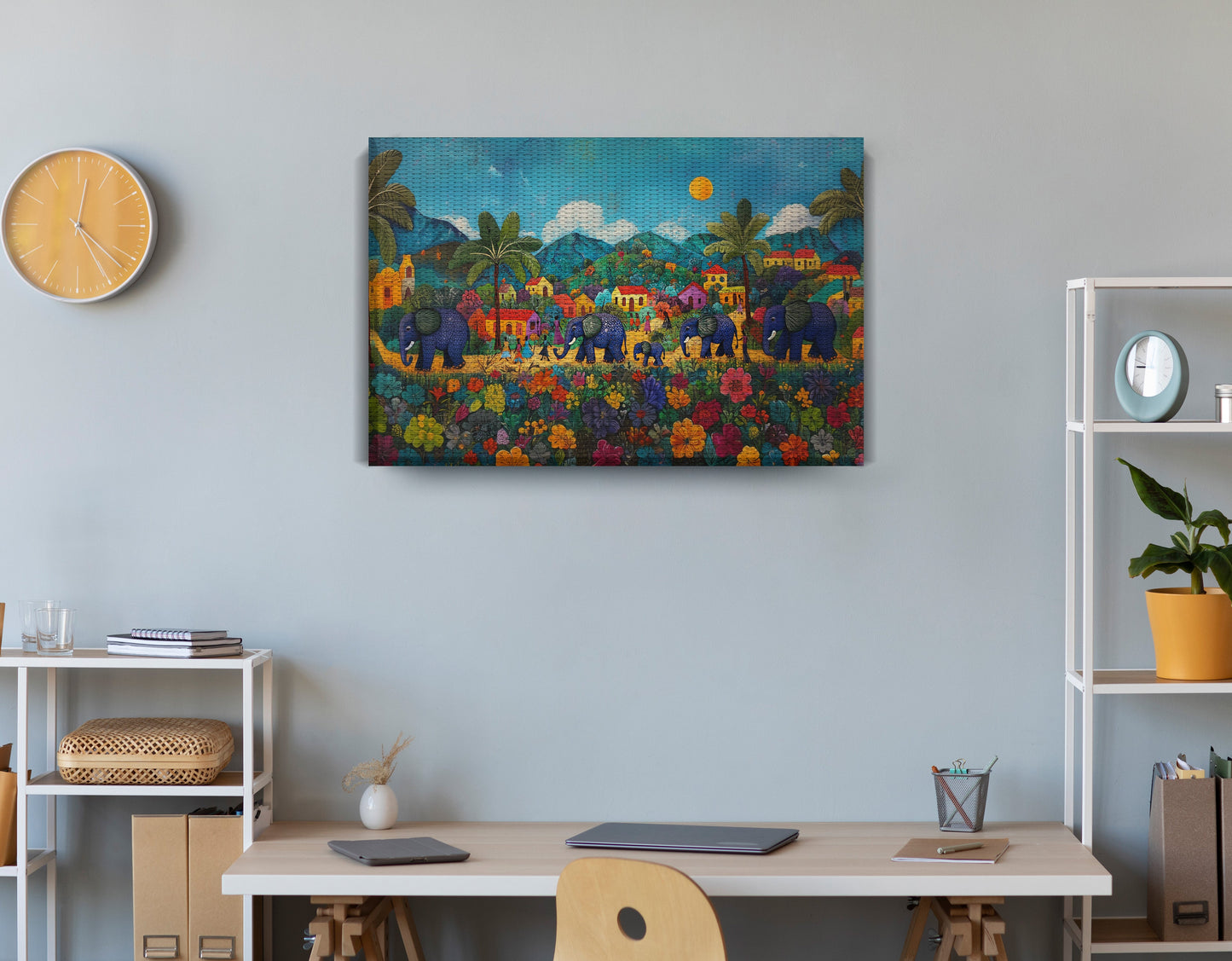 Tropical Village Elephant Caribbean wall art displayed as office wall decor
