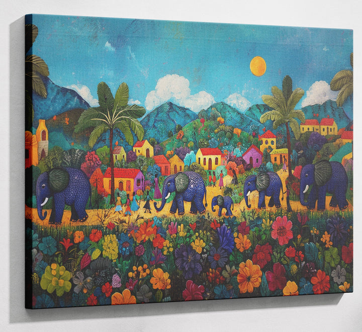 Tropical Village Elephant Caribbean wall art canvas print with visible wall art format