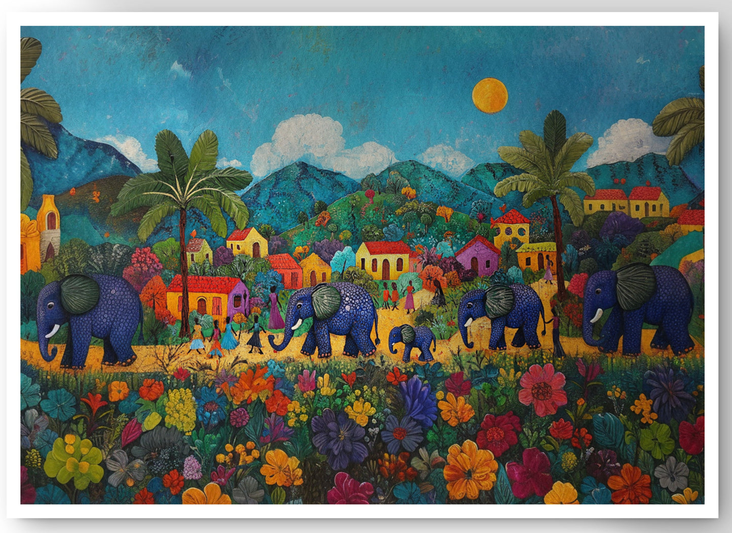 Tropical Village Elephant Caribbean wall art canvas print by MoomZee Artwork