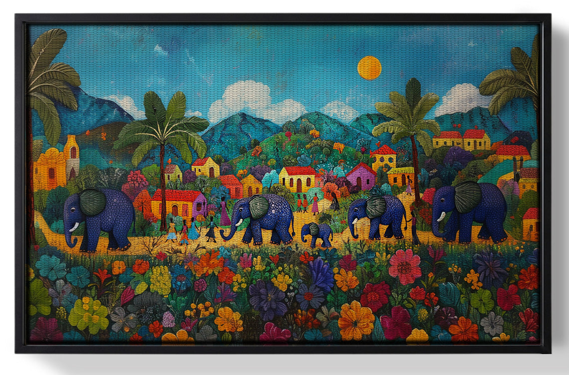 Framed Tropical Village Elephant Caribbean wall art for home decor