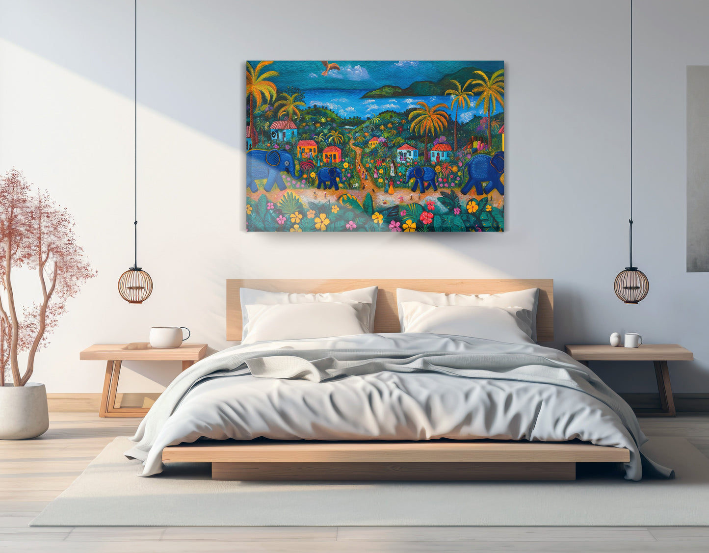 Coastal Village Elephant Black Caribbean wall art displayed as bedroom wall decor