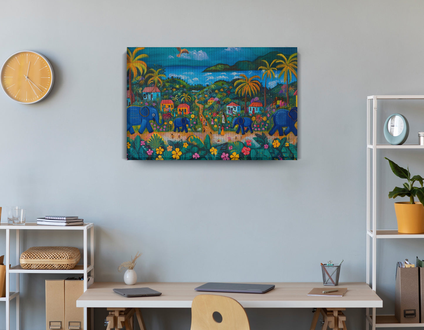 Coastal Village Elephant Black Caribbean wall art displayed as office wall decor