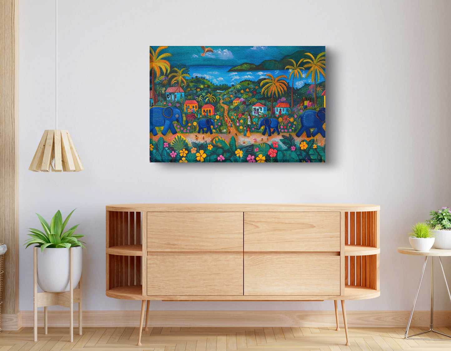 Coastal Village Elephant Black Caribbean wall art displayed as living room wall decor