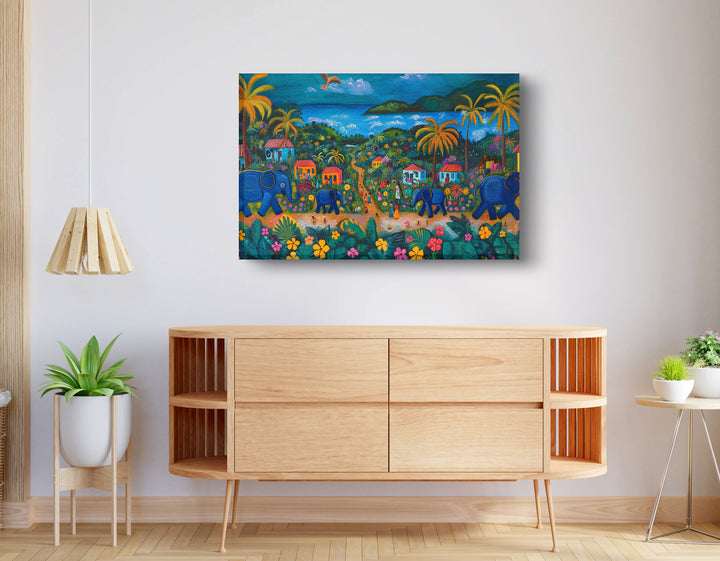 Coastal Village Elephant Black Wall Art