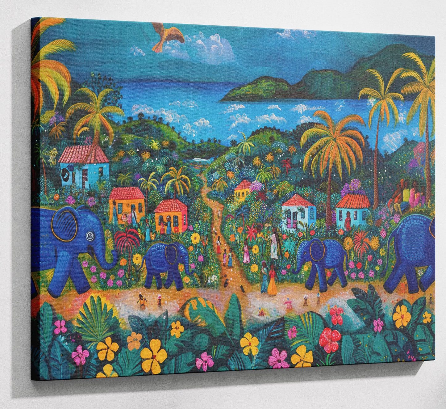 Coastal Village Elephant Black Caribbean wall art canvas print with visible wall art format