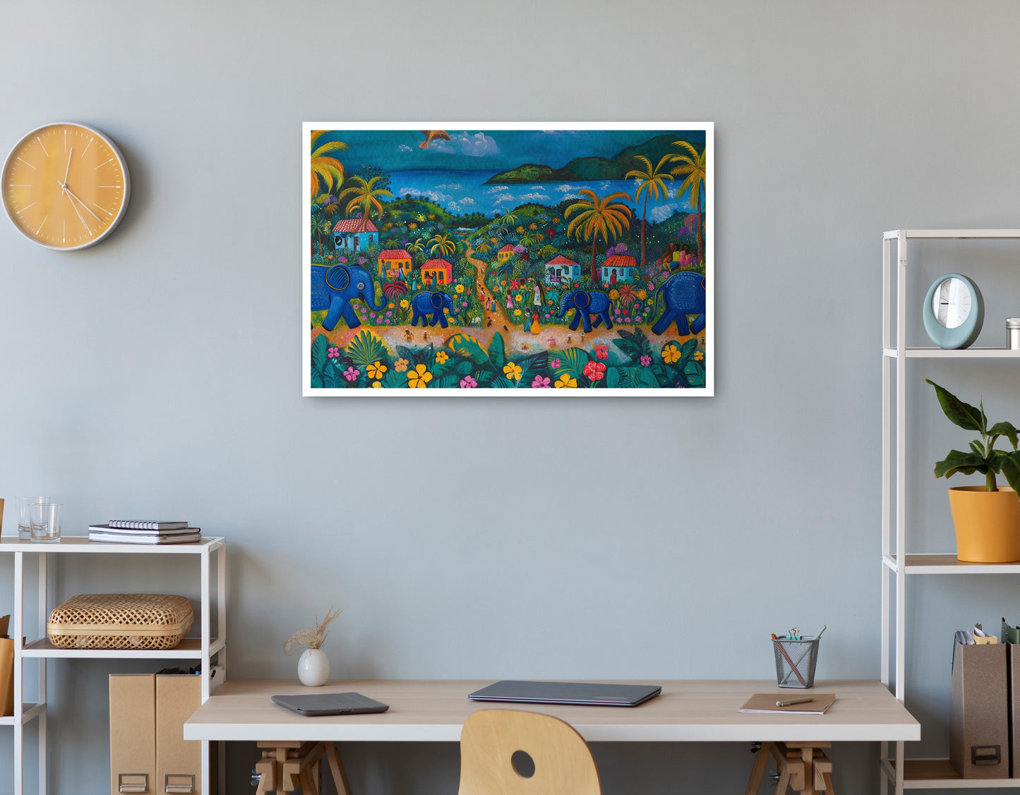 Coastal Village Elephant Black Caribbean wall art print view