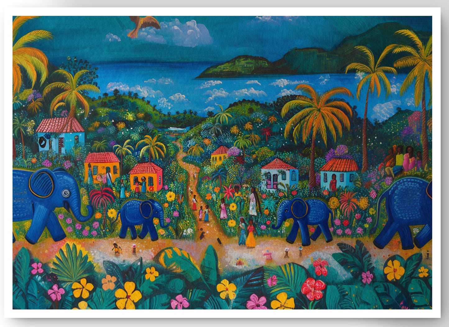 Coastal Village Elephant Black Caribbean wall art canvas print by MoomZee Artwork