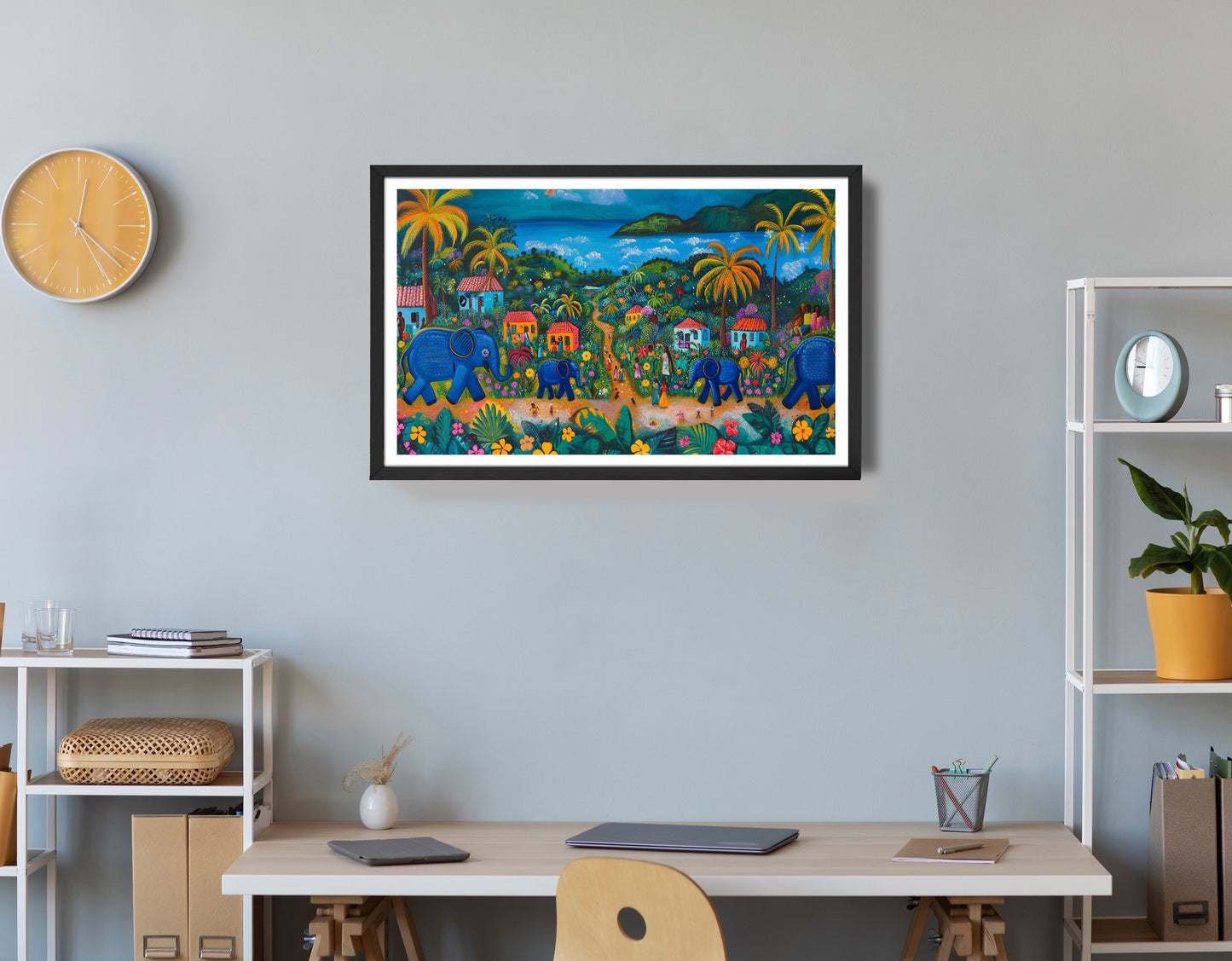 Coastal Village Elephant Black Caribbean wall art view 72