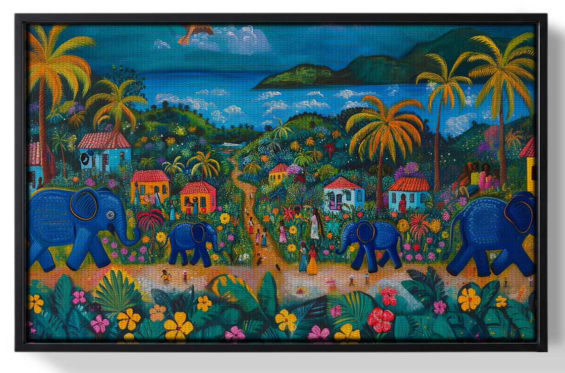 Framed Coastal Village Elephant Black Caribbean wall art for home decor