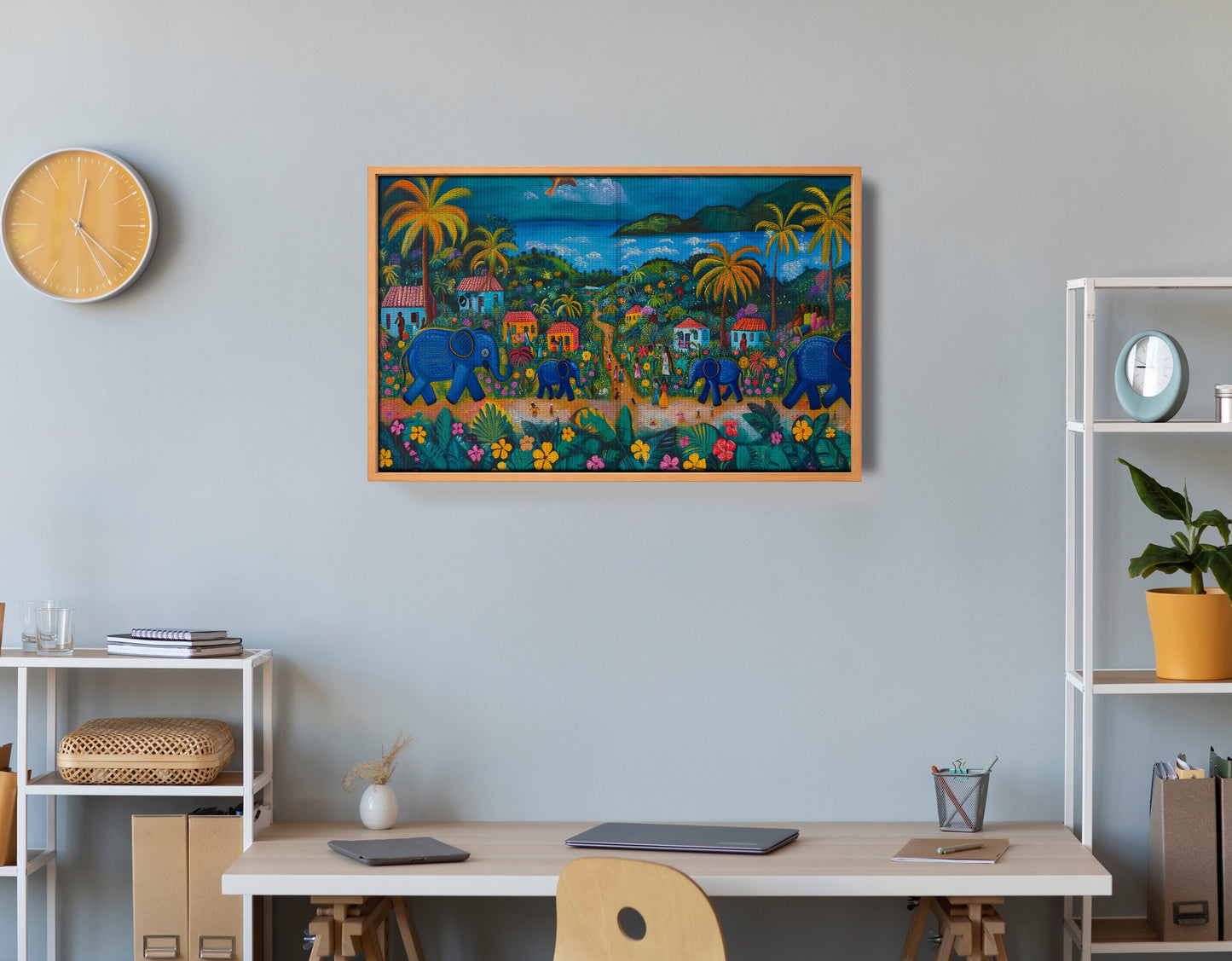 Coastal Village Elephant Black Caribbean wall art view 48