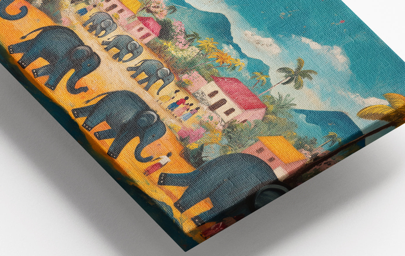 Close-up of Elephant Village Parade Caribbean wall art detail