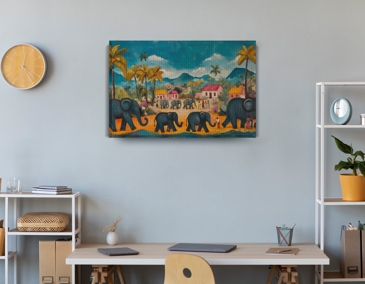 Elephant Village Parade Caribbean wall art displayed as office wall decor